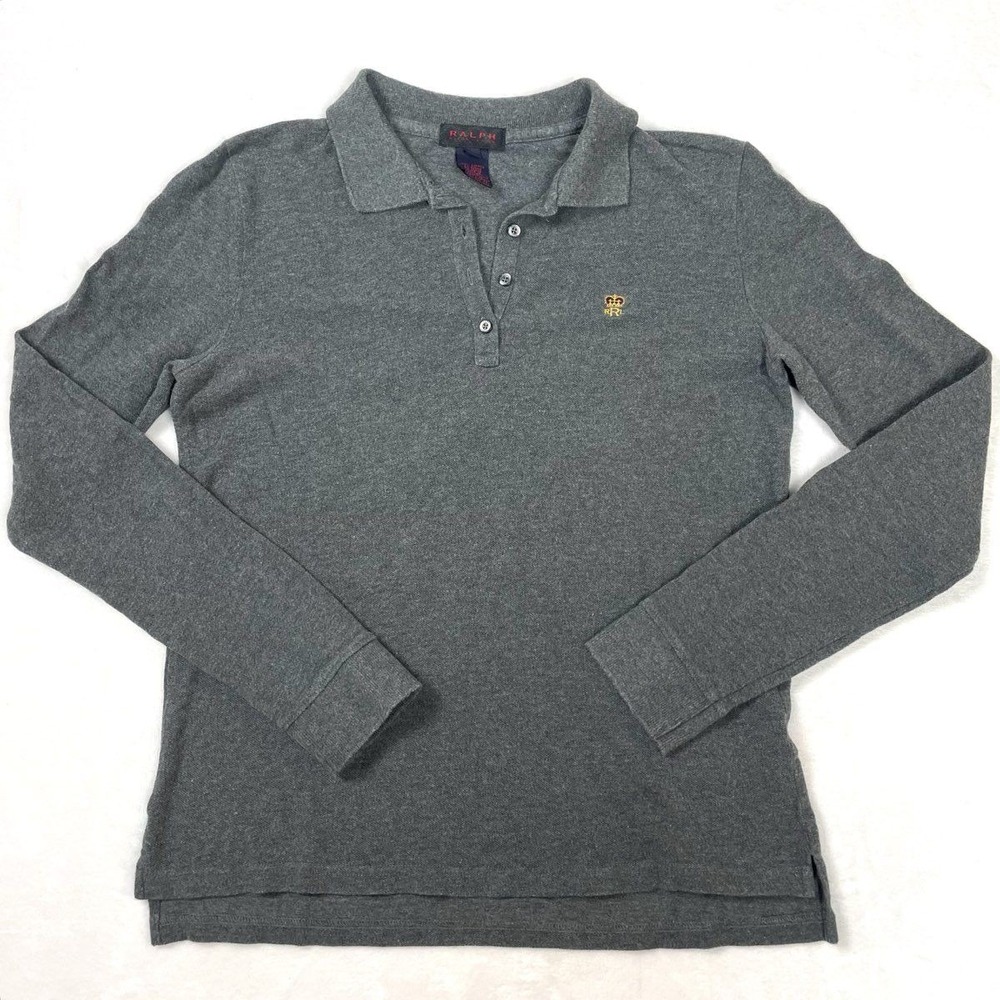 Vintage 90s Ralph Ralph Lauren Women's Gray Long Sleeve Polo Shirt Crest Sz M